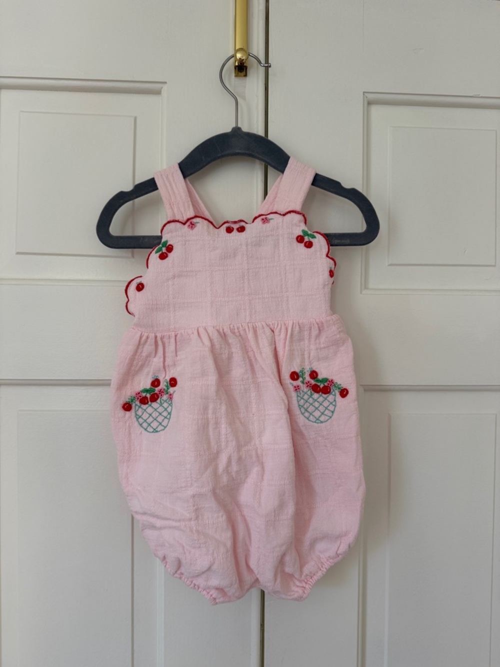 Pink Smocked Bubble Romper with Cherry Embroidery - Kids